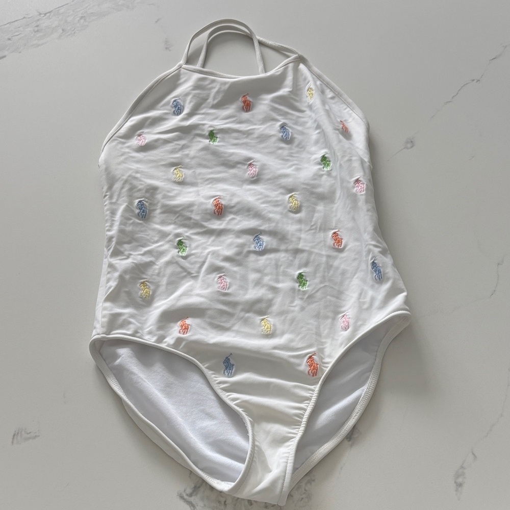 White Halter Swimsuit with Colorful Embroidery